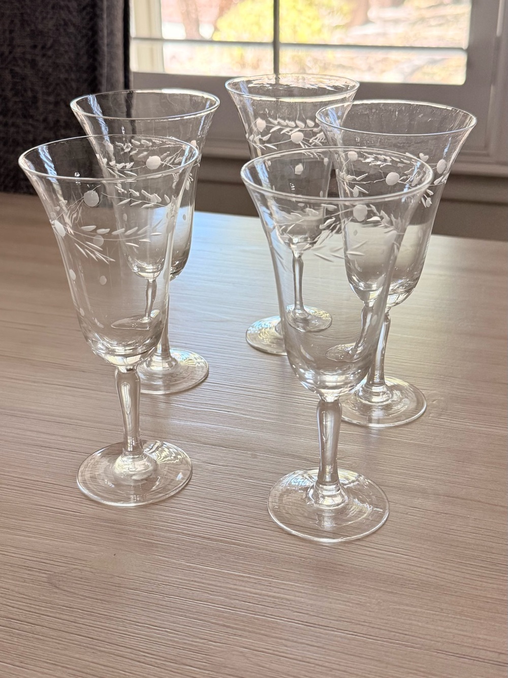 Vintage Val Saint Lambert Etched Crystal Wine Glasses | Laurel Leaf Stemware